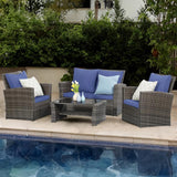Wisteria Lane 4 Piece Outdoor Patio Furniture Sets, Wicker Conversation Set for Porch Deck, Grey Rattan Sofa Chair with Cushion （Blue Wisteria Lane