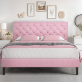 HOMBCK Queen Bed Frame with Headboard, Linen Fabric Upholstered Bed Frame Queen, Wood Slats Support, Button Tufted, No Box Spring Needed, Pink HOMBCK