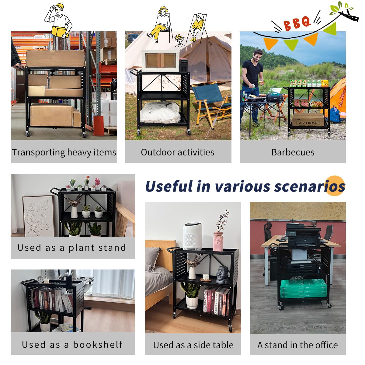 Lumizone 3-Tier Foldable Rolling Tool Cart with Wheels, Utility Cart with Pegboard for Garage Organizer and Tool Storage, Power Tool Storage Cart on Wheels (Tool Cart) lumizone