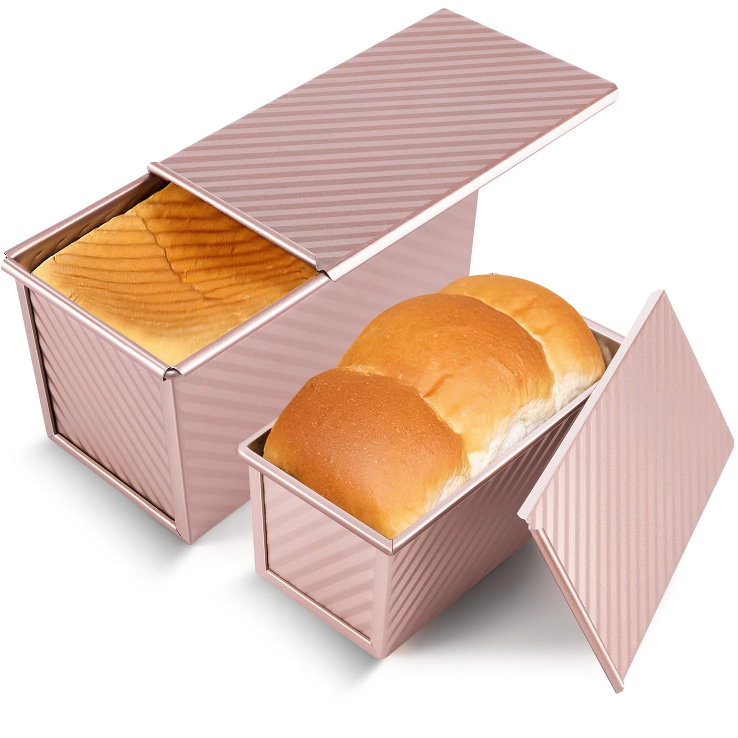 Pavsrmy 2 Pack Pullman Loaf Pan with Lid, 1 lb/0.5 lb Dough Capacity, Premium Non-Stick Sandwich Bread Loaf Pan with Lid, Carbon Steel Corrugated Bread Toast Box Mold with Cover for Baking