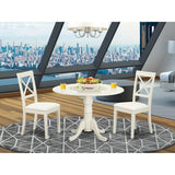East West Furniture DLBO3-LWH-LC 3 Piece Modern Dining Table Set Contains a Round Wooden Table with Dropleaf and 2 Faux Leather Kitchen Dining Chairs, 42x42 Inch, Linen White East West Furniture