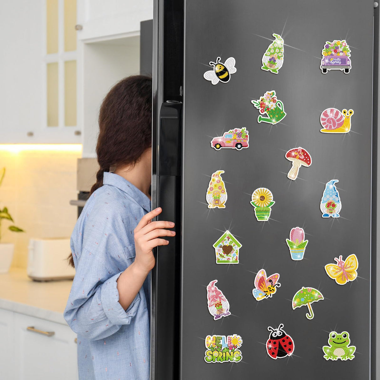 Saillong 20 Pcs Spring Diamond Painting Magnets Flower Butterfly Bee Gnomes Sunflower Diamond Art Magnets Kits Refrigerator Magnetic Stickers for Fridge Home Adults DIY Crafts Saillong