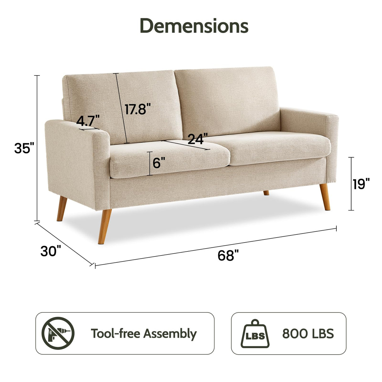WEUP 68" Loveseat Sofa Oatmeal Linen Couch, Mid Century Modern Love Seat Couches for Living Room, Small Loveseat for Bedroom Office, Comfy Sofa with Spring Cushion, Solid Wood, Tool-Free Assembly WEUP