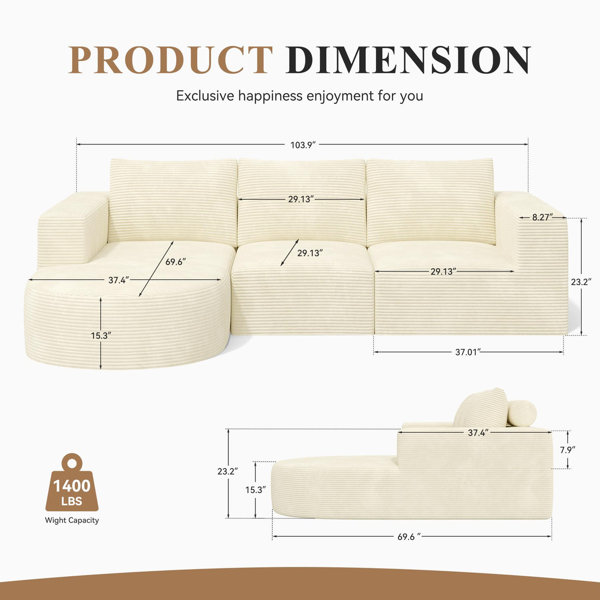 Modular Sectional Sofa with L-Shape Chaise,Cloud Sectional Modern Sleeper Couch with Deep Seat,Sponge Compression Sofas No Assembly Required (Beige-Corduroy Fabric) Luxanimarion