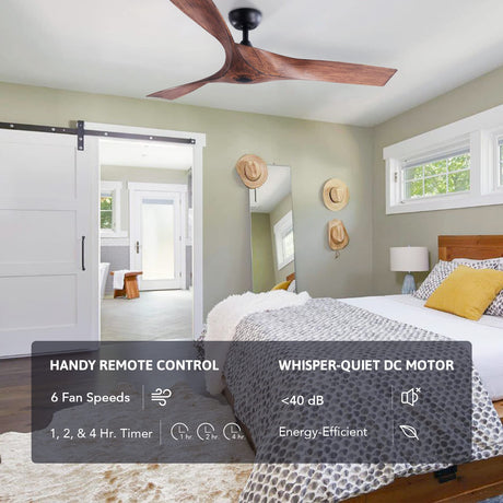 VONLUCE 52" Industrial Ceiling Fan No Light with Remote Control, Mid Century Ceiling Fans with 3 Walnut ABS Blades DC Motor, Indoor Ceiling Fan for Kitchen Bedroom Living Room, Walnut VONLUCE