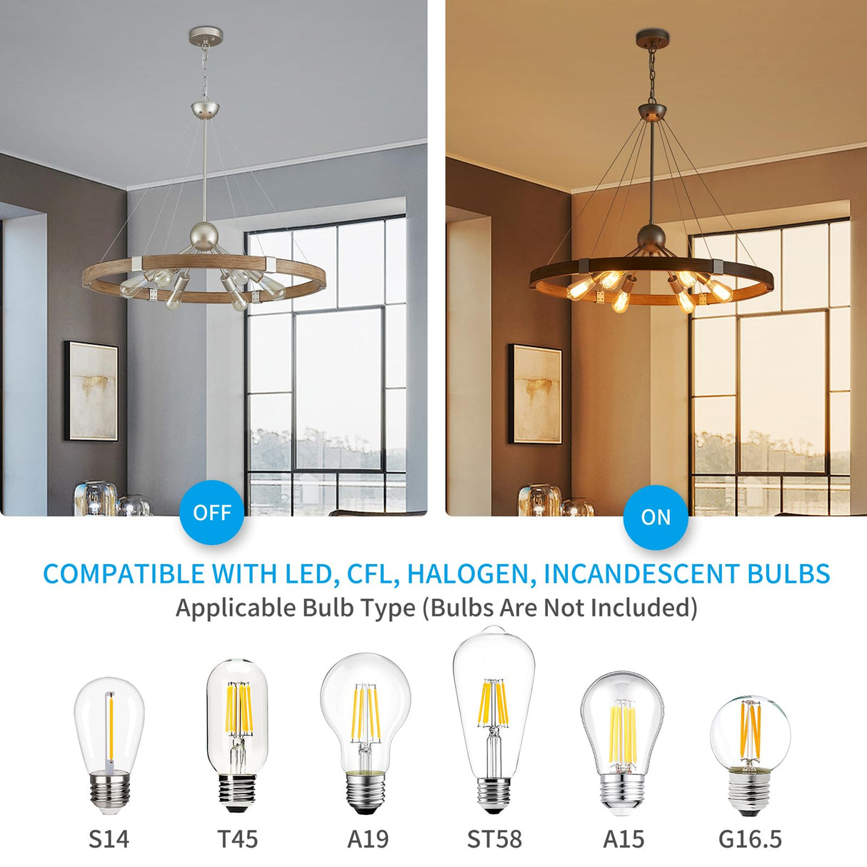 XINGQI Wagon Wheel Chandelier Modern Rustic Large Round 6-Lights Nickel & Wood Grain Finish Retro Ceiling Pendant Light Fixture for Dining Room Living Room XINGQI