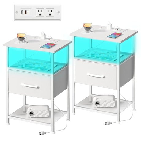 LAKEMID Nightstands Set of 2 with Fast Charging Station and Drawer, End Table Bedside Table with 20 Colors LED Light Strip and 2 Layers Shelf for Bedroom Living Room Sofa Couch (White) LAKEMID