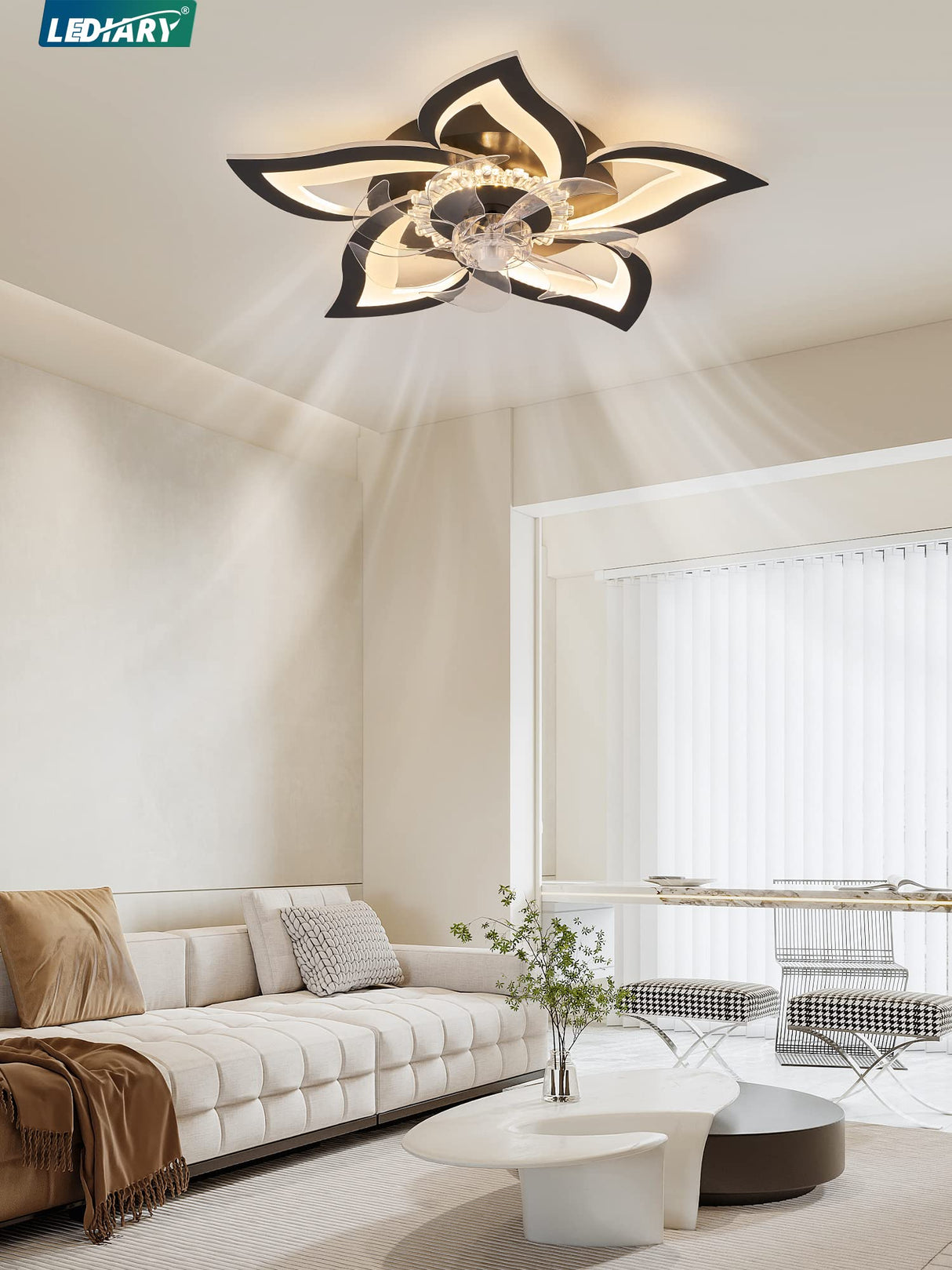 LEDIARY Flower Ceiling Fans with Lights, Small 27 Inch Modern Low Profile Ceiling Fan, Dimmable LED Ceiling Light Fixture, Flush Mount Ceiling Fans with Remote for Bedroom, Kitchen, Indoor-Black LEDIARY