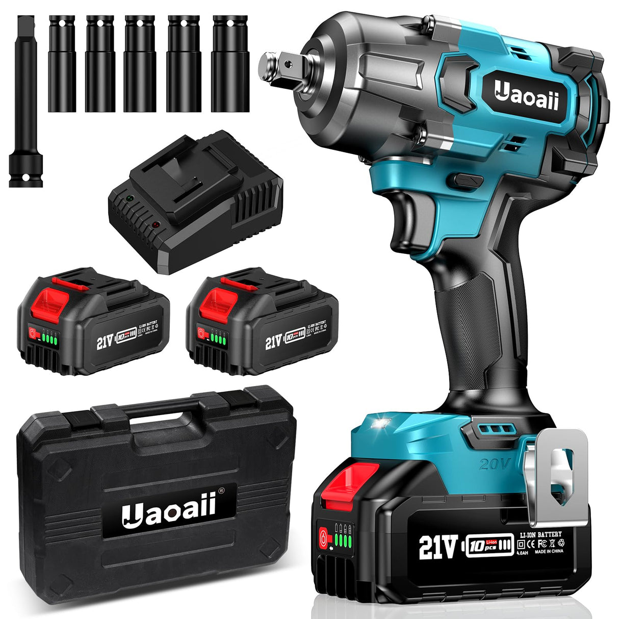 Uaoaii 1000N.m(738ft-lbs) Cordless Impact Wrench High Torque, Battery 1/2 Impact Gun w/ 2X 4.0Ah Batteries, Fast Charger, 5 Sockets & Storage Box, Electric Impact Wrench for Truck RV Mower, IW800 Uaoaii