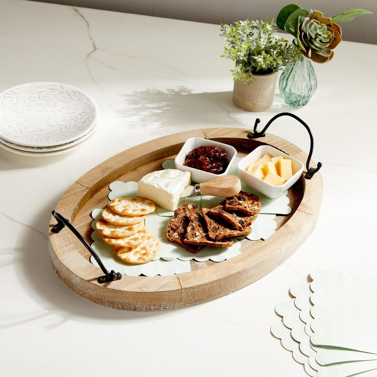 Farmlyn Creek Oval Wooden Serving Tray with Handles, Decorative Platter for Coffee Table, Living Room (15.75 x 10.8 x 1.25 in) Farmlyn Creek