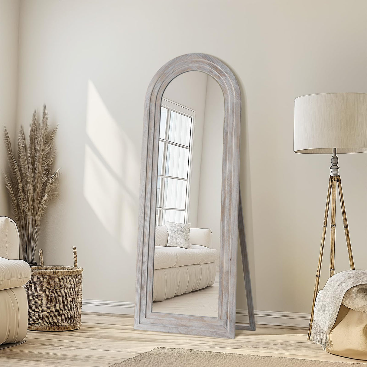 MELOMOIR Arched Full Length Mirror with Solid Wood Frame, 56"x21" Rustic Farmhouse Floor Mirror with Stand, Free Standing Leaning Hanging, for Bedroom Living Room Dressing Room, Distressed White MELOMOIR