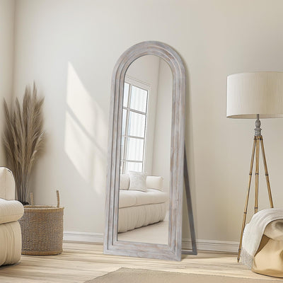 MELOMOIR Arched Full Length Mirror with Solid Wood Frame, 56"x21" Rustic Farmhouse Floor Mirror with Stand, Free Standing Leaning Hanging, for Bedroom Living Room Dressing Room, Distressed White