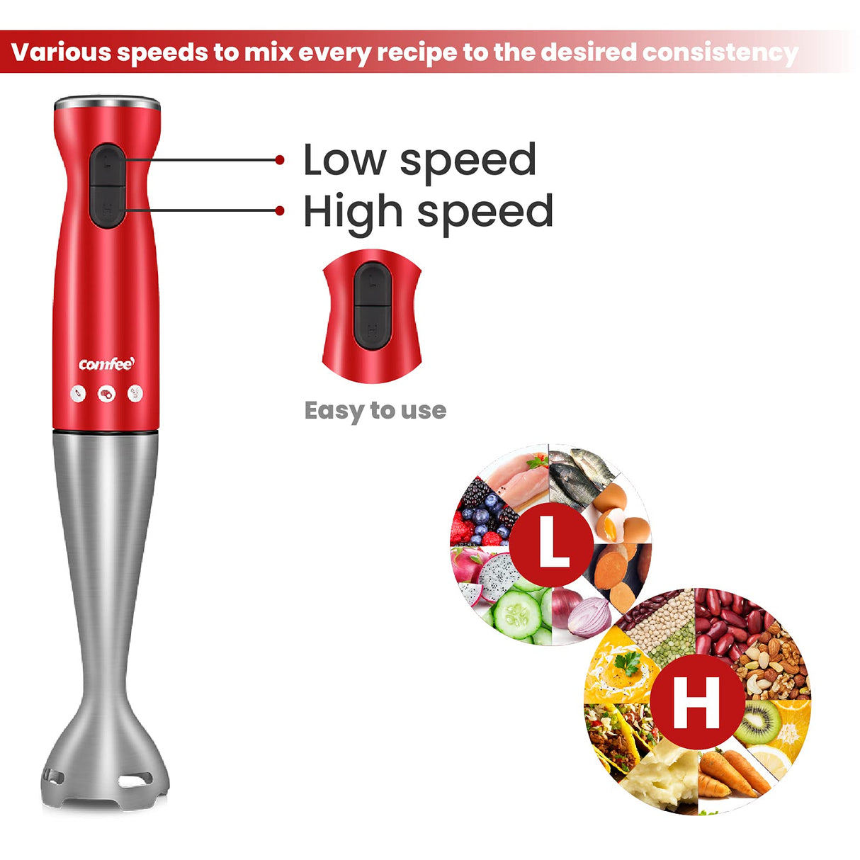 COMFEE' Immersion Hand Blender, Brushed Stainless Steel, 2-Speed, Multipurpose Stick Blender with 200 Watts, 600ml Mixing Beaker and Whisk, Perfect for Baby Food, Smoothies, Sauces and Soups, Red COMFEE'