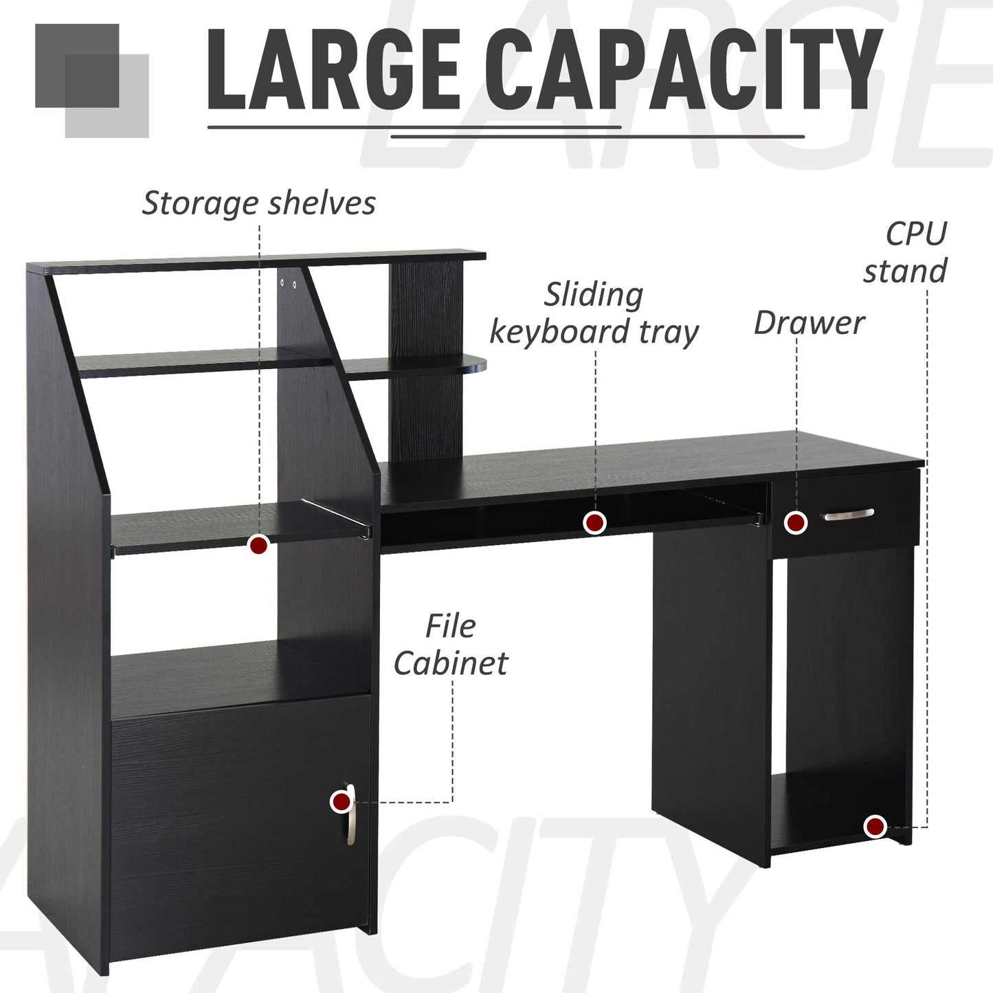 HOMCOM Computer Desk with Sliding Keyboard & Storage Shelves, Cabinet and Drawer, Home Office Gaming Table Workstation, Black Wood Grain