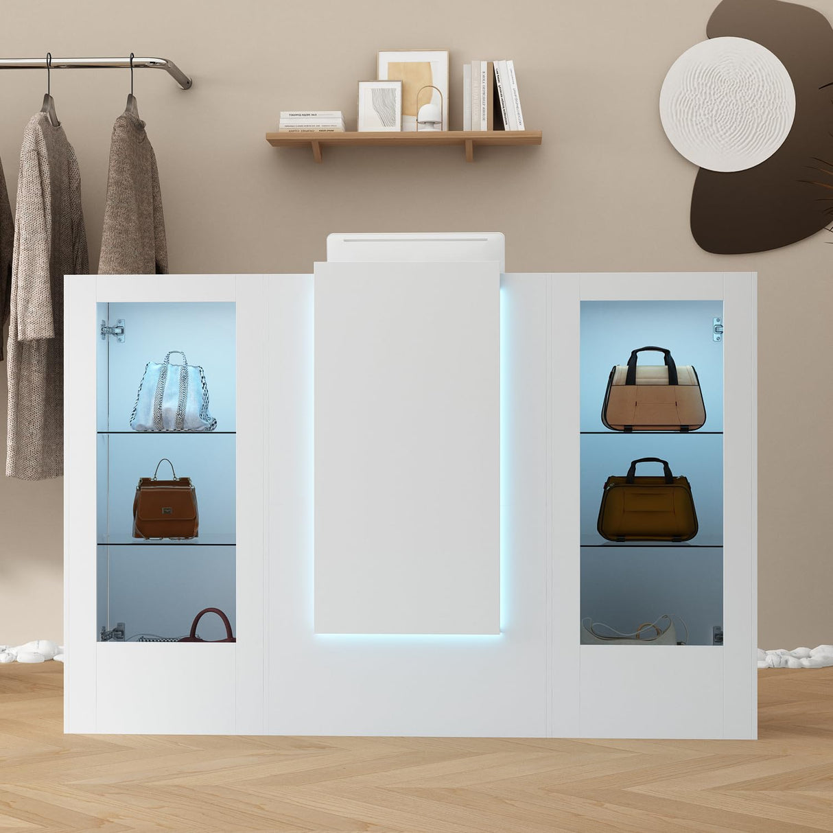 ROMSHINE Reception Desk with Counter, 59.1 inch Front Desk with LED Light & Glass Display Shelf, Reception Room Table with Cable Grommet, Retail Counter Salon Reception for Checkout, White ROMSHINE