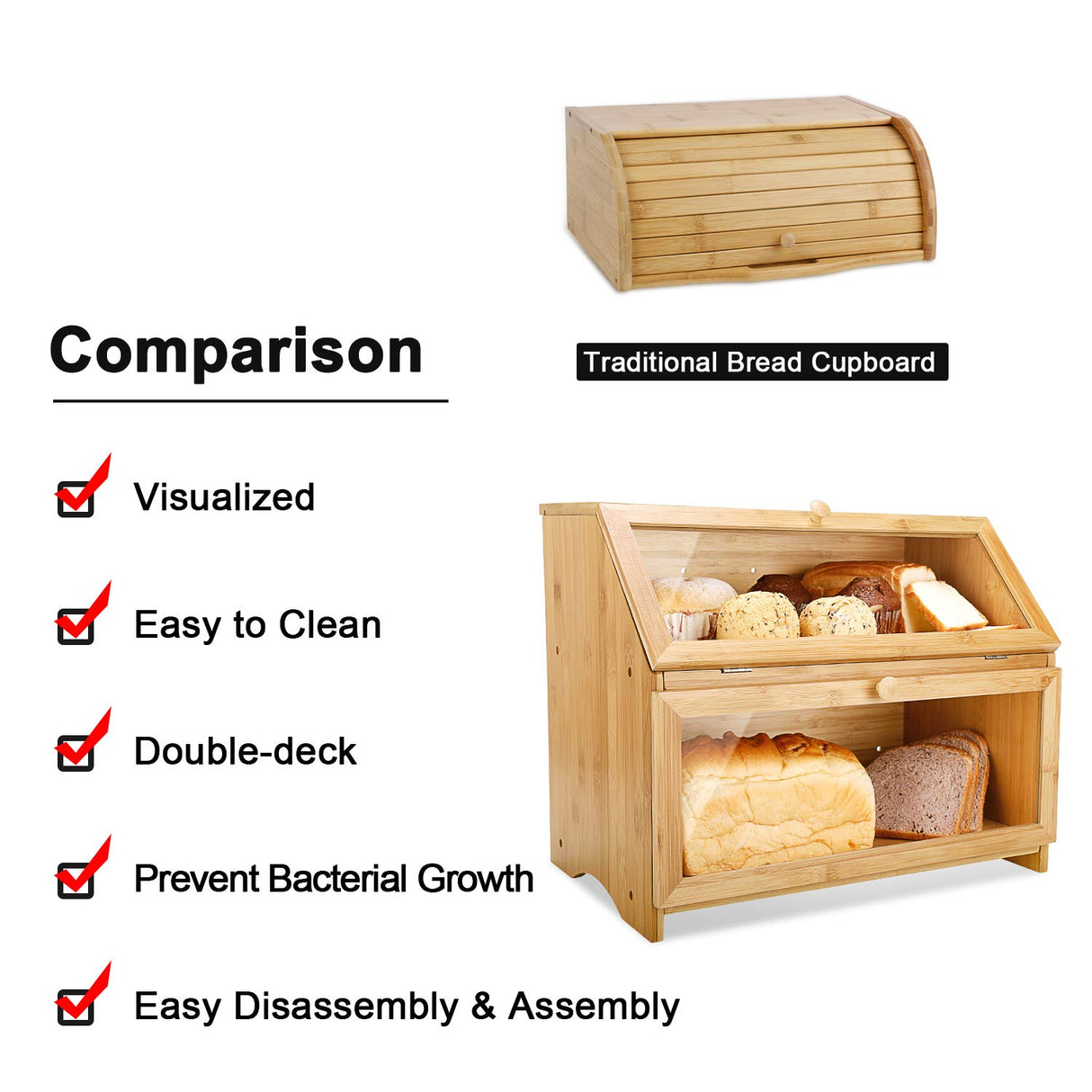 HOMEKOKO Double Layer Large Bread Box for Kitchen Counter, Wooden Large Capacity Bread Storage Bin (Natural Bamboo) HOMEKOKO