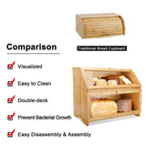HOMEKOKO Double Layer Large Bread Box for Kitchen Counter, Wooden Large Capacity Bread Storage Bin (Natural Bamboo) HOMEKOKO