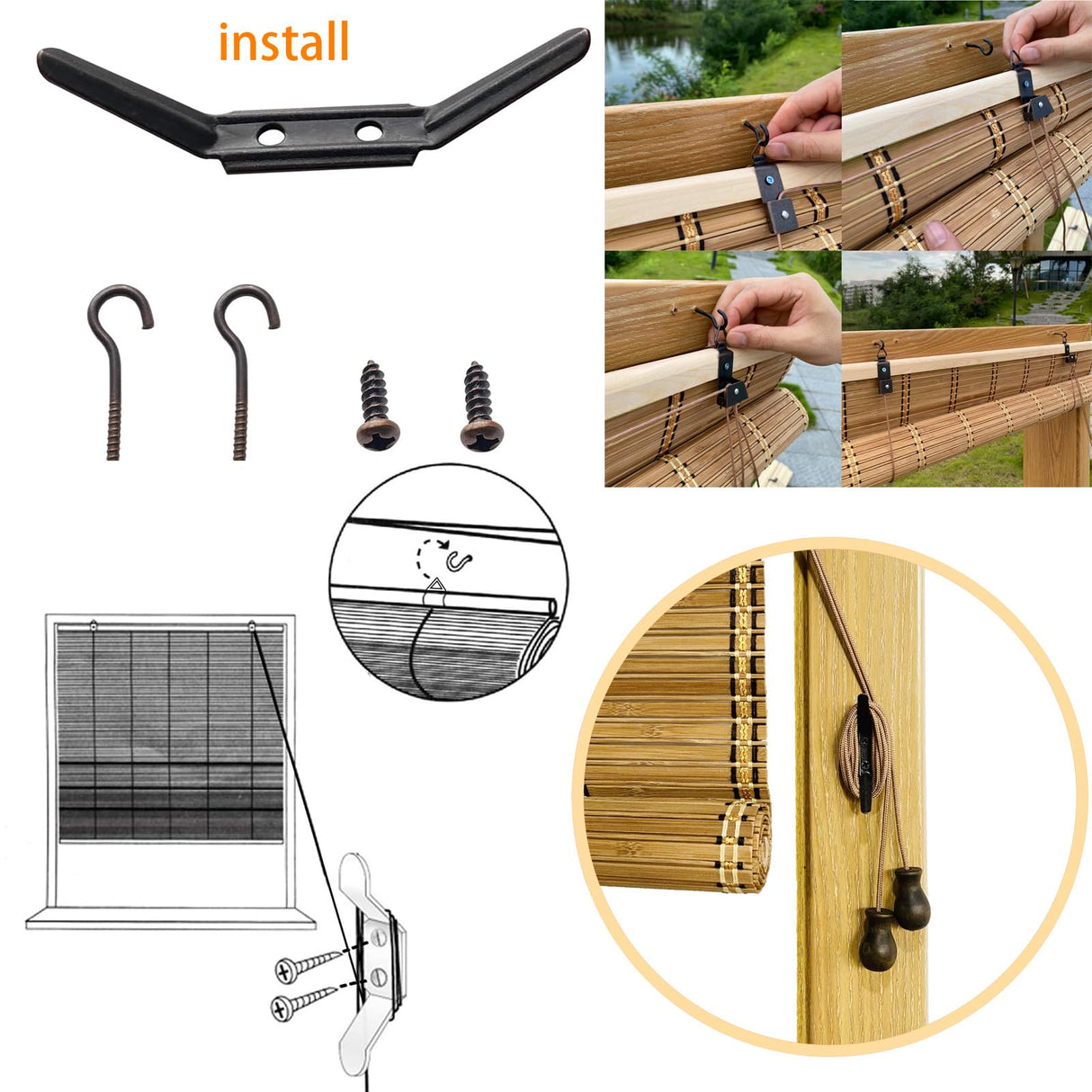 XiuXiu Bamboo Blinds Bamboo Shades Roman Bamboo Curtains Roller Shades for Interior Windows Roll Up Blinds Indoor Outdoor Patio A 40" W x 63" H XiuXiu