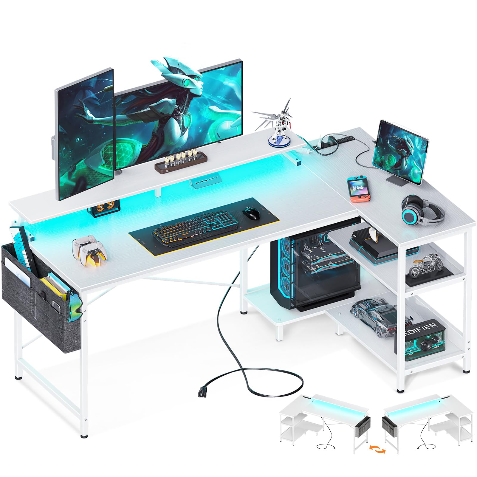 ODK 58 Inch L-Shaped Gaming Desk with LED Lights, USB Charging Ports, and Storage Solutions in Pure White - WoodArtSupply