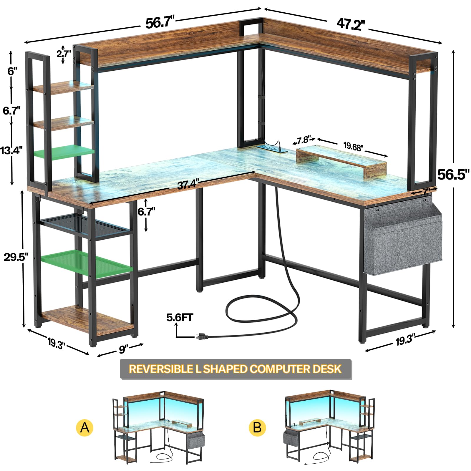 Aheaplus L Shaped Desk with Power Outlet, L Shaped Gaming Desk with Led Light & Hutch, Reversible Home Office Desk, Corner Computer Desk Writing Desk with Monitor Stand & Storage Shelf, Rusti - WoodArtSupply