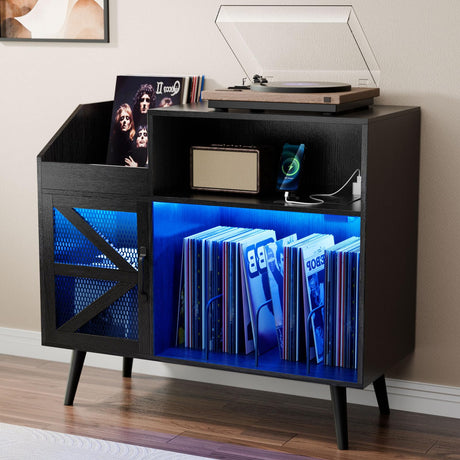 MULEJYBO Large Black Record Player Stand with Magnetic Door,350 Vinyl Record Storage Cabinet, Record Player Table with Power Outlet & LED Light,Turntable Stand with Wood Legs for Living Room,Office MULEJYBO