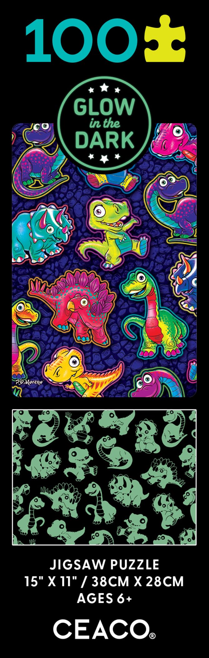 Ceaco - Glow in The Dark - Dinosaur Sticker Collage - 100 Piece Jigsaw Puzzle Ceaco