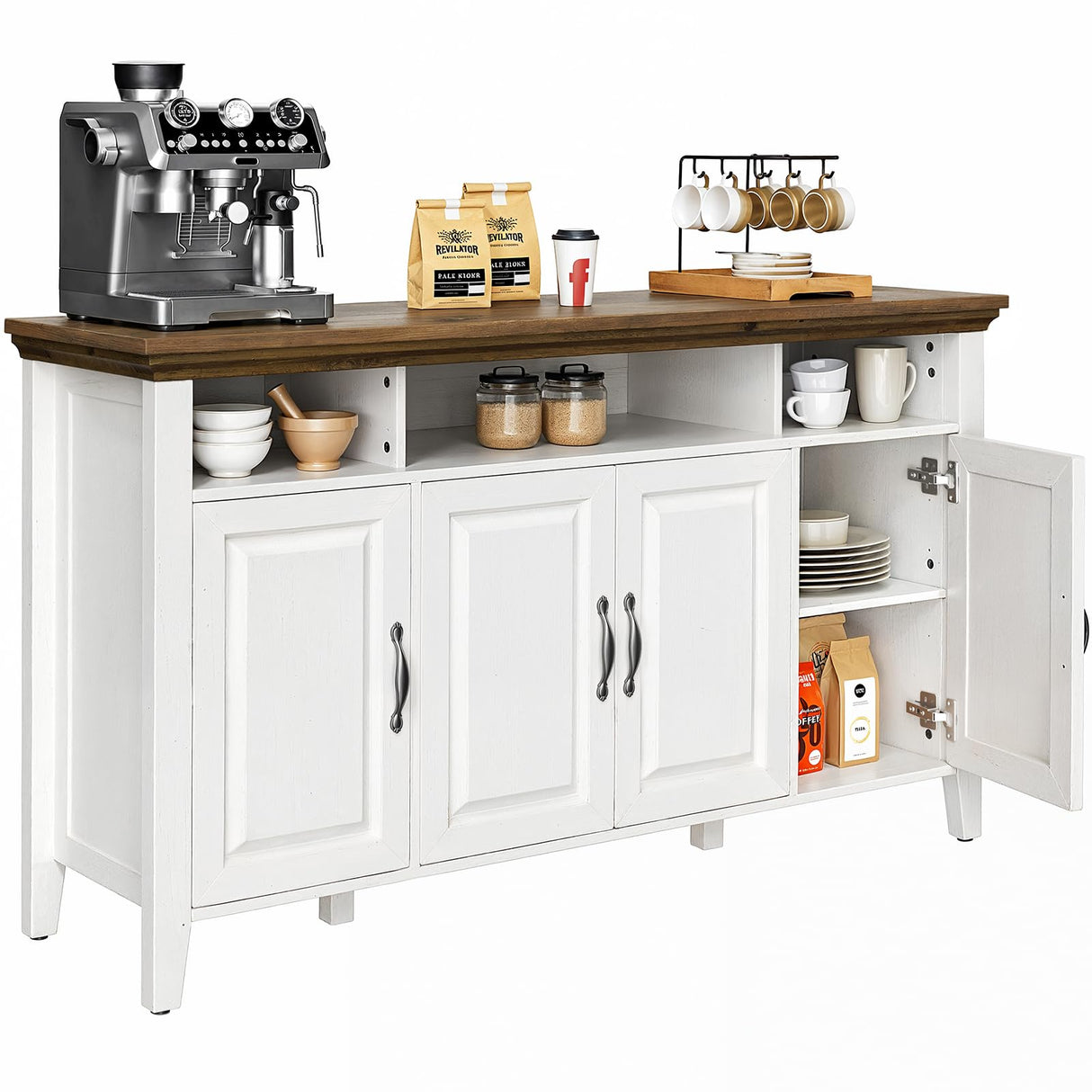 Marsail Sideboard Buffet Cabinet with Storage, 55" Farmhouse Kitchen Buffet Bar Table 4 Door Storage Cabinets for Dining Room Furniture, Wood White Marsail