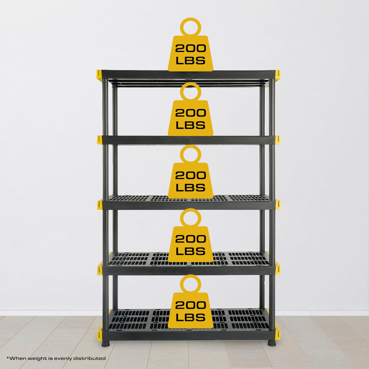 CX Black & Yellow®, 5-Tier Heavy Duty Plastic Storage Shelving Unit, 200lbs/shelf (72”H x 48”W x 20”D), for Indoor/Outdoor Organization, Modular Rack CX
