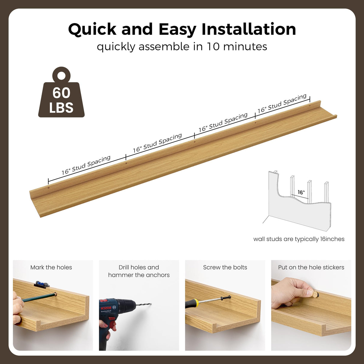 FLYJOE Picture Ledge Shelf for Wall, 72 inch Nursery Book Shelves 4 Packs, Large Floating Ledge Shelves for Kid's Room Bedroom Bathroom Living Room Photo Frames Office Nursery Wall Decor, Natural Oak FLYJOE