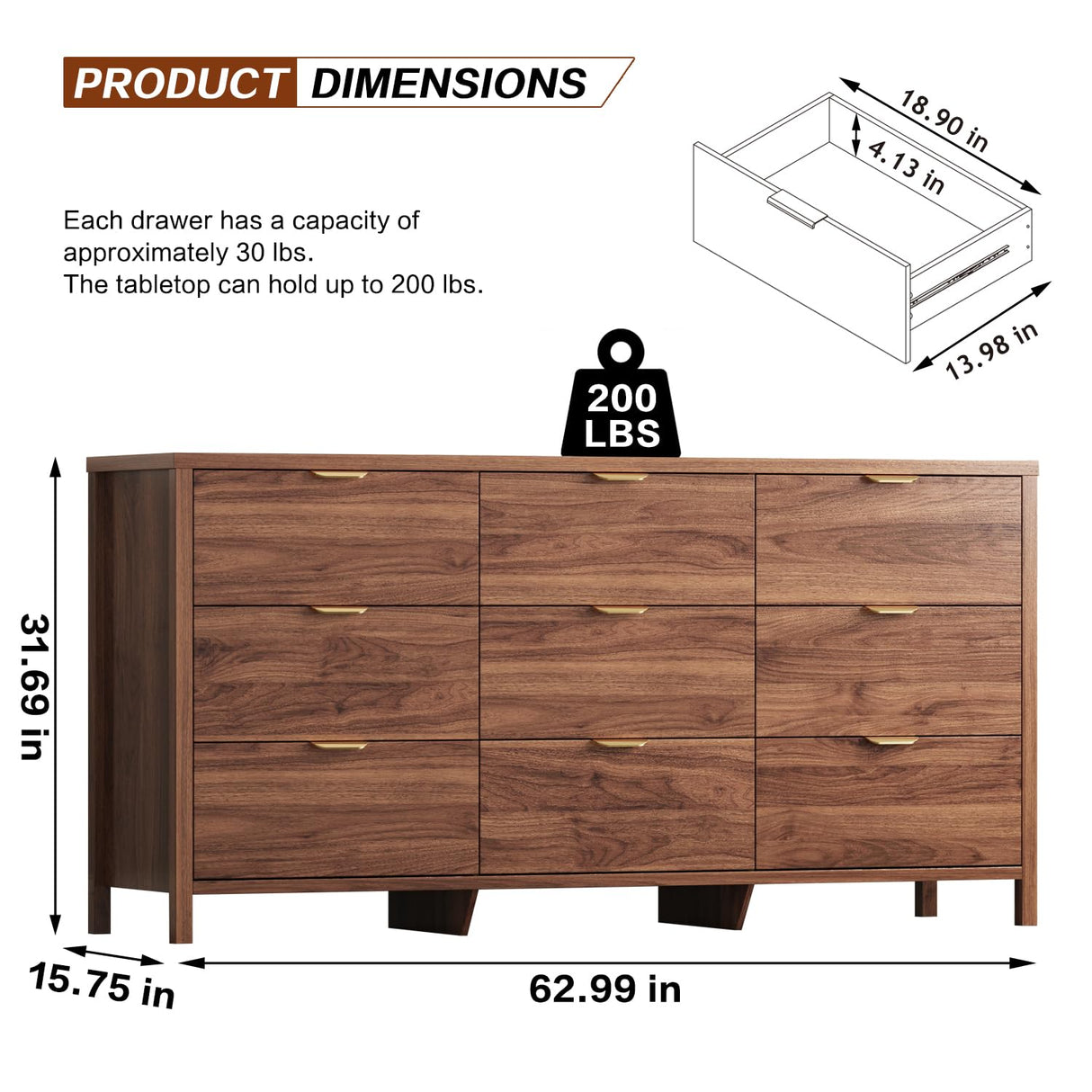 Ieejdn Fluted Dresser for Bedroom with 9 Drawers, 63" Modern Chest of Drawers, Dresser TV Stand, Wood Drawer Organizer for Living Room, Hallway, Chestnut
