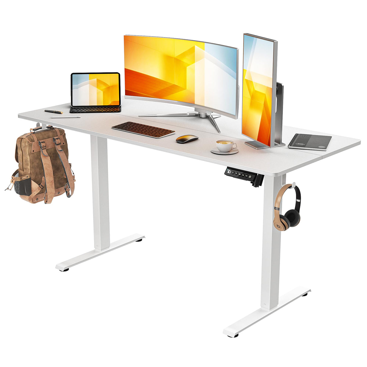 VVENACE 55 x 24 Electric Standing Desk Adjustable Height 4 Memory Preset, 4 Wheels, 2 Headphone Hook, Home Office Desk, Stand Up Sit Stand Desk Computer Table, Splice Board White VVENACE