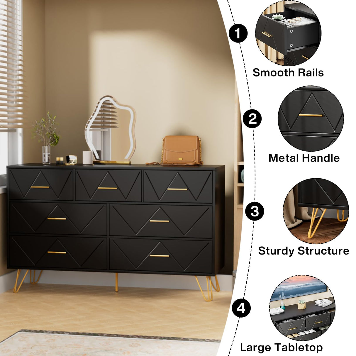 JOZZBY Dresser for Bedroom, 7 Drawer Black Wooden Dresser with Gold Handles, Modern Storage Dressers & Chests of Drawers for Hallway, Entryway JOZZBY