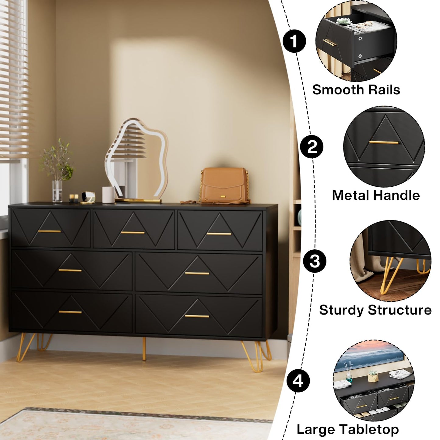 JOZZBY Dresser for Bedroom, 7 Drawer Black Wooden Dresser with Gold Handles, Modern Storage Dressers & Chests of Drawers for Hallway, Entryway