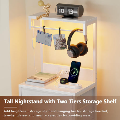 Furnulem White Tall Nightstand, LED Night Stand with Charger Station and Storage Shelves, 4 PU Finish Fabric Storage Drawers, Bedside Table, Bed Side Table for Bedroom,Dorm,Office Furnulem