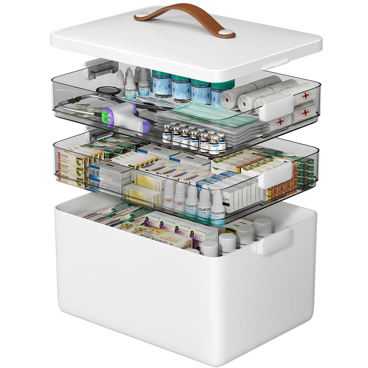 CTIME 3-Tier Medicine Organizer - Portable Medicine Cabinet with Leather Handle, Empty First Aid Kit for Home CTIME