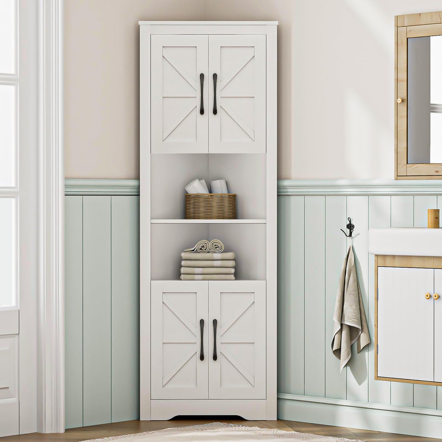 NOVAMAISON Corner Cabinet, 67” Tall Farmhouse Corner Storage Cabinet with Barn Door Design and Shelves, White Corner Bathroom Cabinet for Bathroom,