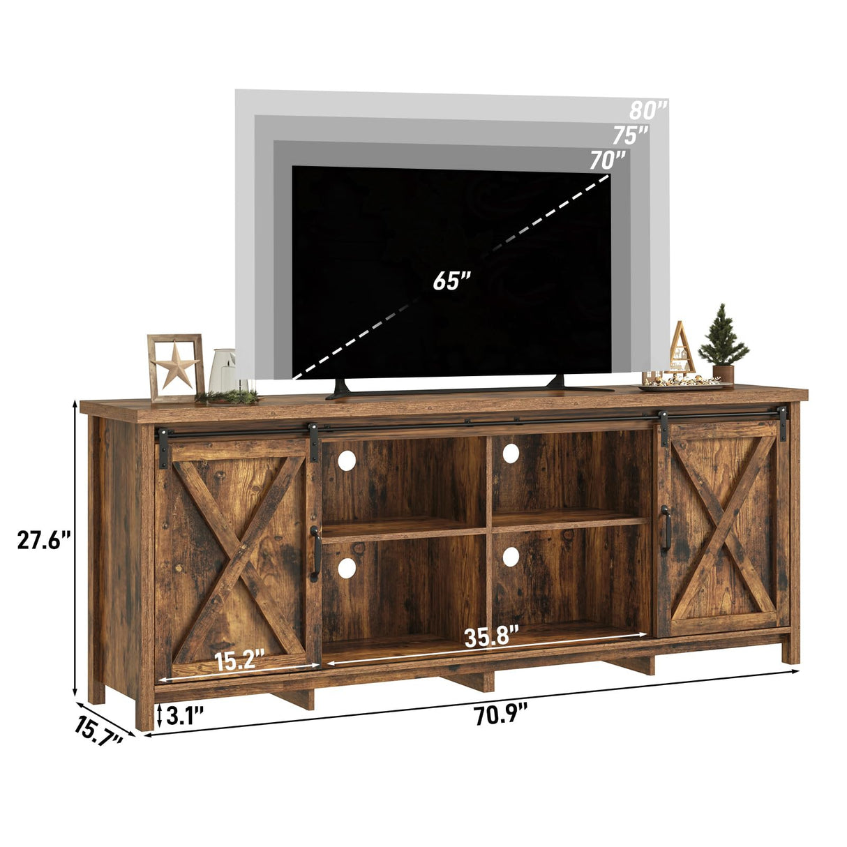 Farmhouse TV Stand for 80 Inch TV with Sliding Barn Door, Rustic Wood Entertainment Center Large Media Console Cabinet Long Television Stands,Console Table and Media Furniture for Living Room(Brown) chartustriable