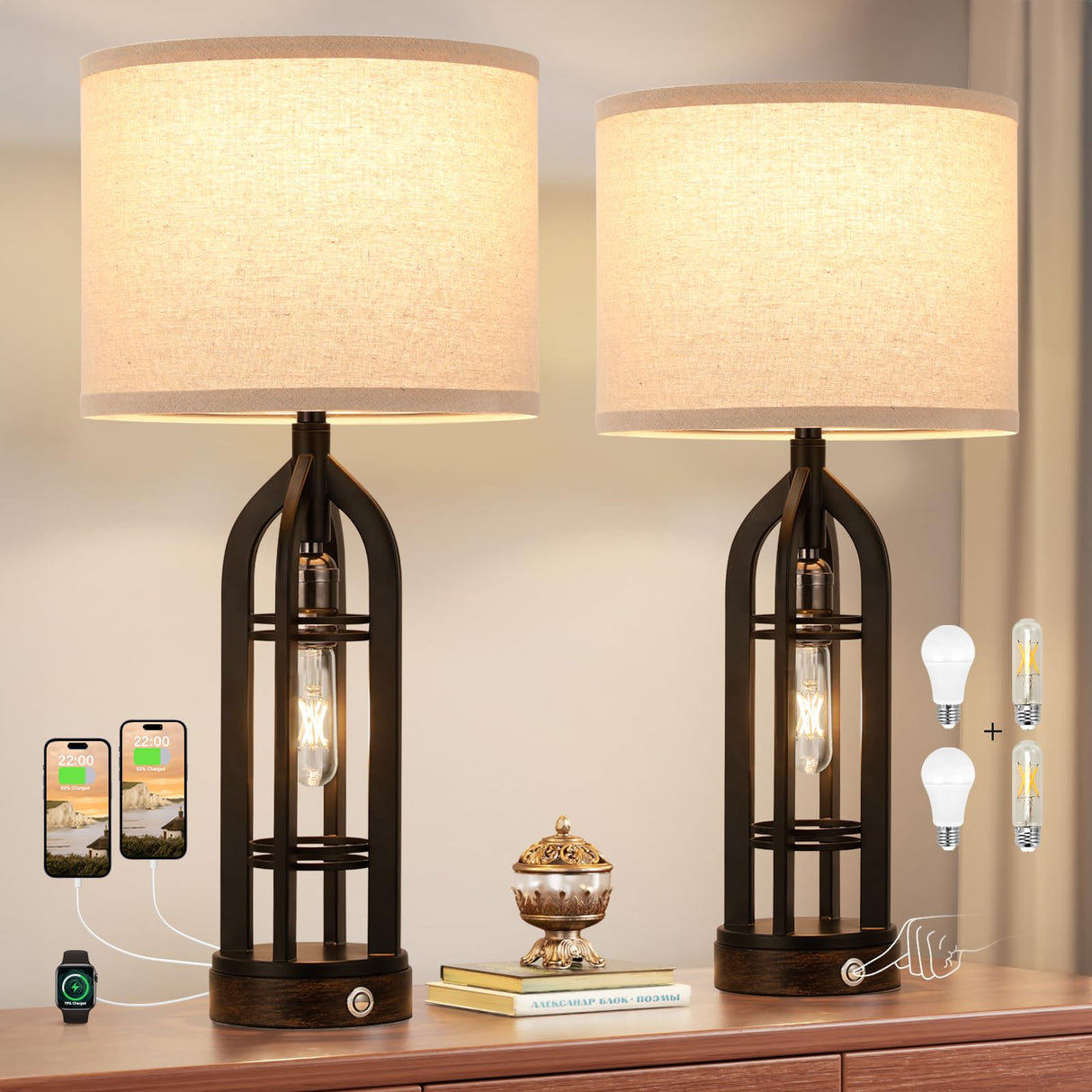Table Lamp for Living Room - Lamps Set of 2 with USB C+A & Outlet, 3-Way Dimmable Farmhouse Lamps for Night Stands, Rustic Bedside Lamp for End Tables, Industrial Nightstand Lamps for Bedroom Seealle