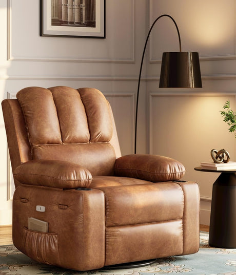 Oversized 27 in Power Recliner Chair with Heat and Massage - 360° Swivel Faux Leather Rocking Chair for Adults with Cup Holder for Living Rooms, Bedrooms, and Nurseries - Brown GarveeHome