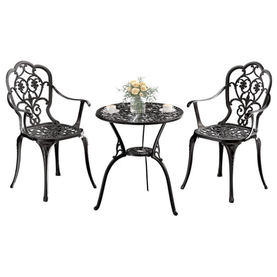 Z1UVDFUR Patio Bistro Set of 2, Cast Aluminum, Outdoor Set w/Umbrella Hole, 3 Piece Table and Chairs Set, Bistro Set for Backyard/Garden/Lawn, Black