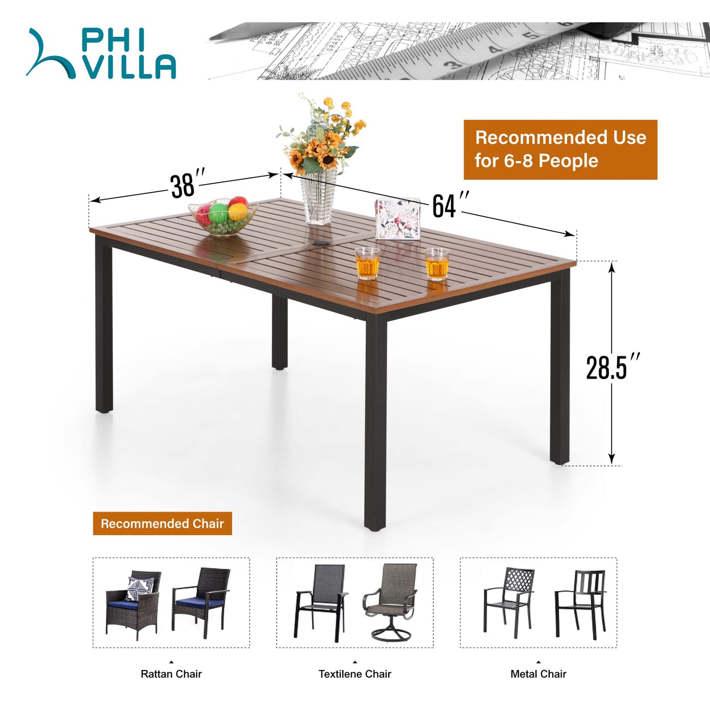 PHI VILLA 64" Rectangle Outdoor Dining Table, Patio Furniture Wood-Like Tabletop with Umbrella Hole for Patio Lawn Backyard Garden, Brown - WoodArtSupply