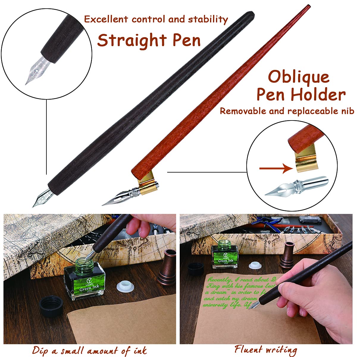 YICMY Calligraphy Pen Set,Calligraphy Set For Beginners Includes Oblique Pen Wooden Calligraphy Pen 12 Pen Nibs & 4 Different Color Inks Dip Pen Set Fountain Pen Set Retro Gift YICMY