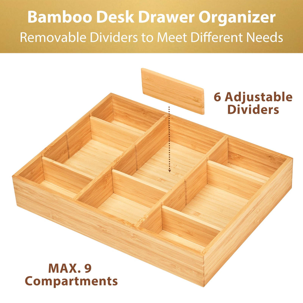 Umilife Desk Drawer Organizer, Bamboo Wood Organizer Tray with Adjustable Compartments, Office Desk Accessories Supplies Organization Storage, 12" x 9" Umilife