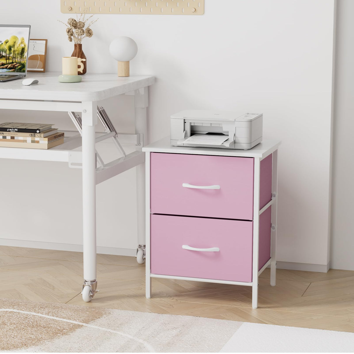 Stero Nightstand Set of 2, Kids Dresser with 2 Drawers, Steel Frame Bedside Furniture, Wood Top Fabric Night Stand, Colorful End Table for Home, Bedroom, Office, Pink Stero