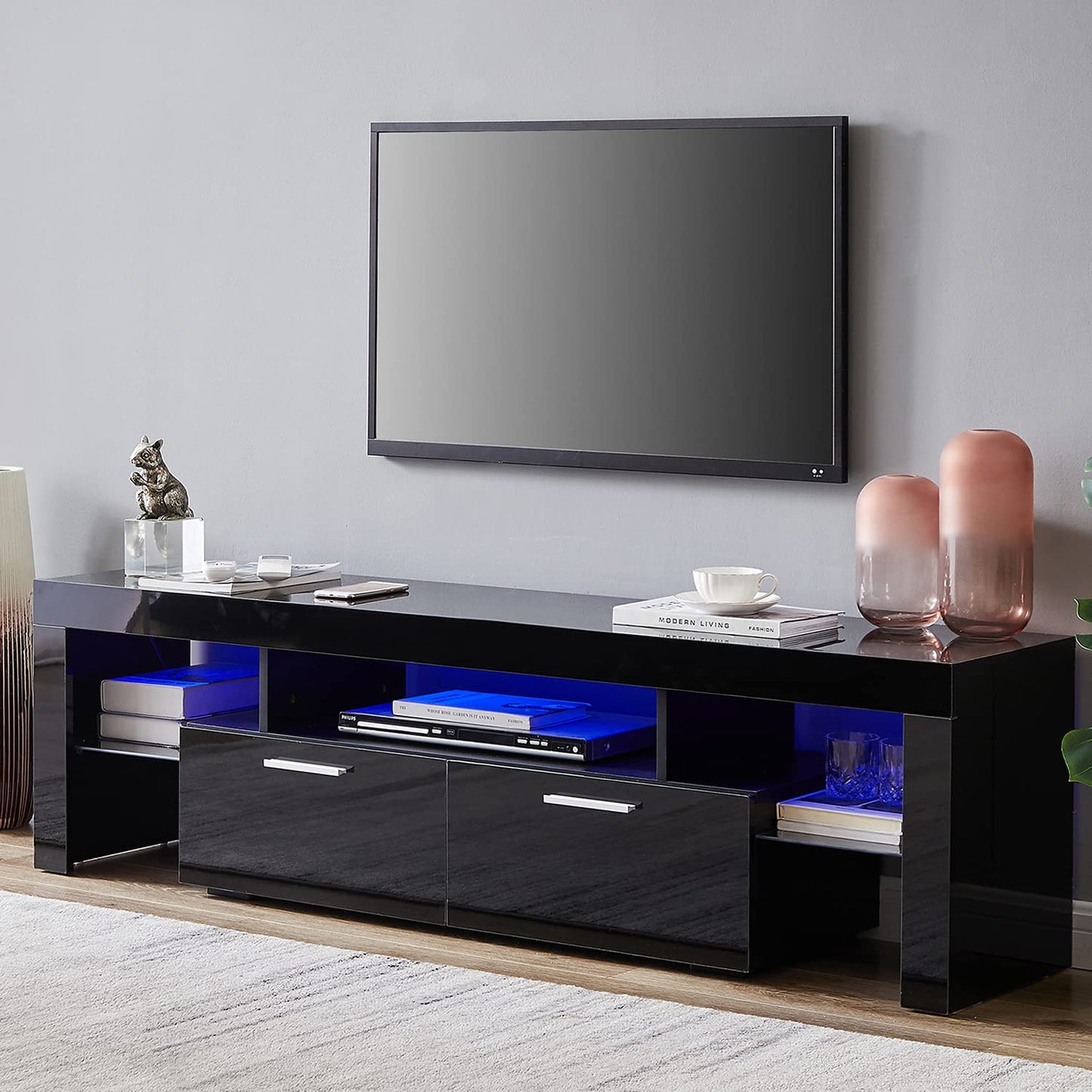 Nrizc Black LED TV Stand for 75 Inch TV, High Gloss TV Entertainment Center with Storage Drawer, TV Console Table for Living Room, Bedroom - WoodArtSupply