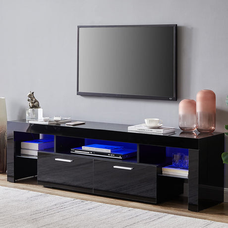 Nrizc Black LED TV Stand for 75 Inch TV, High Gloss TV Entertainment Center with Storage Drawer, TV Console Table for Living Room, Bedroom Nrizc