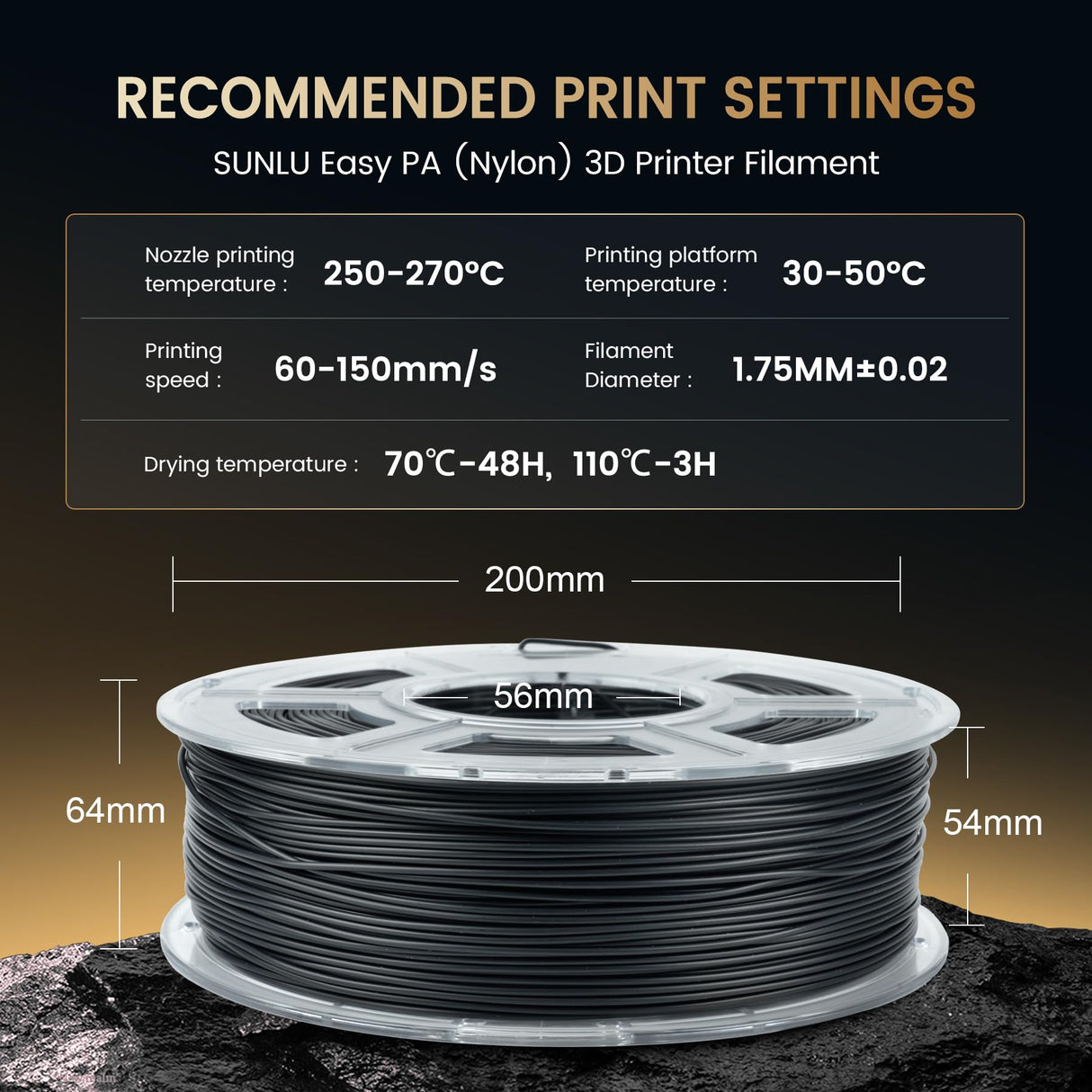 SUNLU Easy PA Filament, Nylon 3D Printer Filament with Heat Resistant, Nylon Filament 1.75mm No Cracking, Polyamide (PA) 3D Printing Filament Warp Free, Fit Most FDM Printer (Black, 1kg) SUNLU