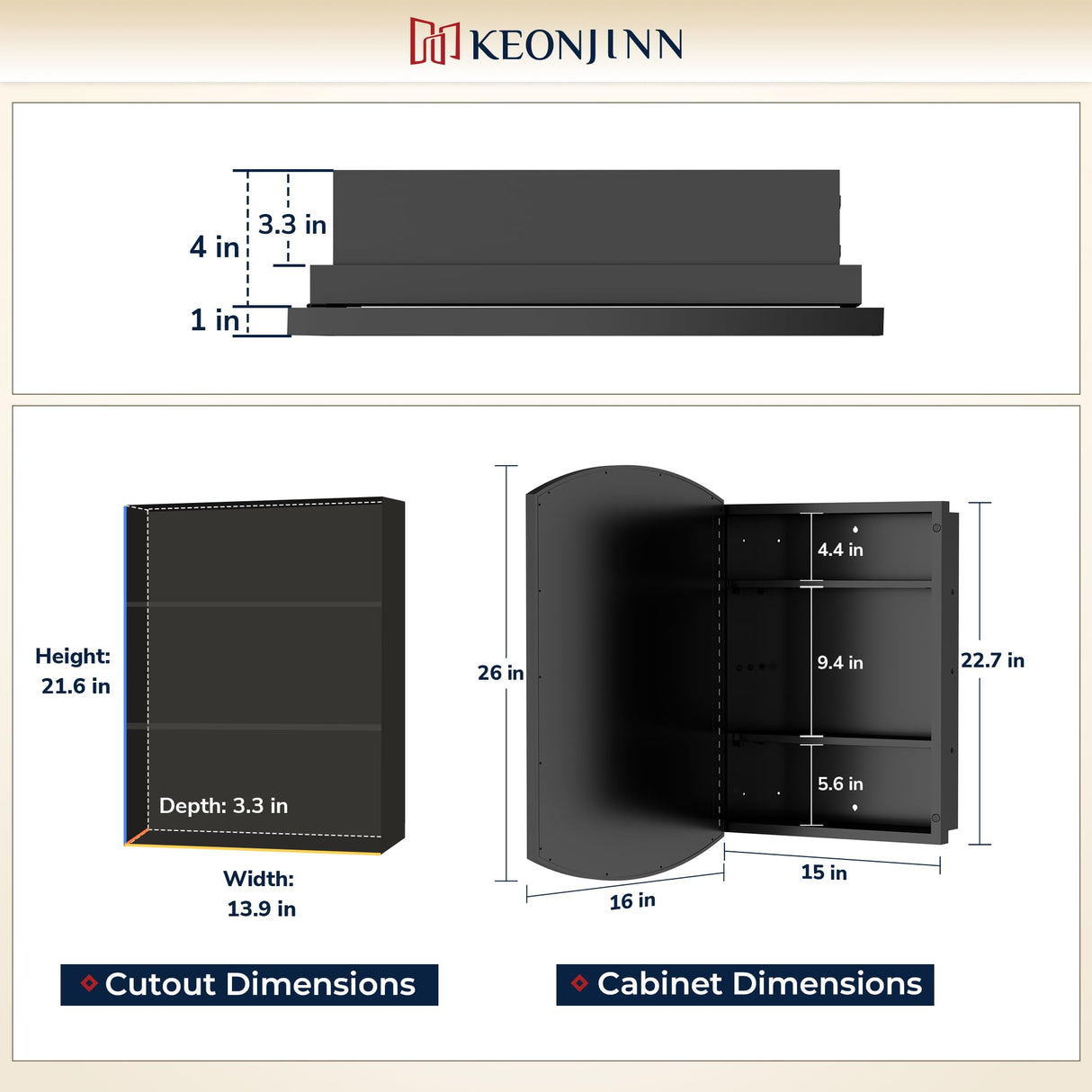 Keonjinn Black Medicine Cabinet 16 x 26 Inch, Surface Mount or Recessed Bathroom Cabinets with Mirrors, Metal Framed Wall Mirror with Storage, 2 Adjustable Shelves, Beveled Edge Mirror Keonjinn