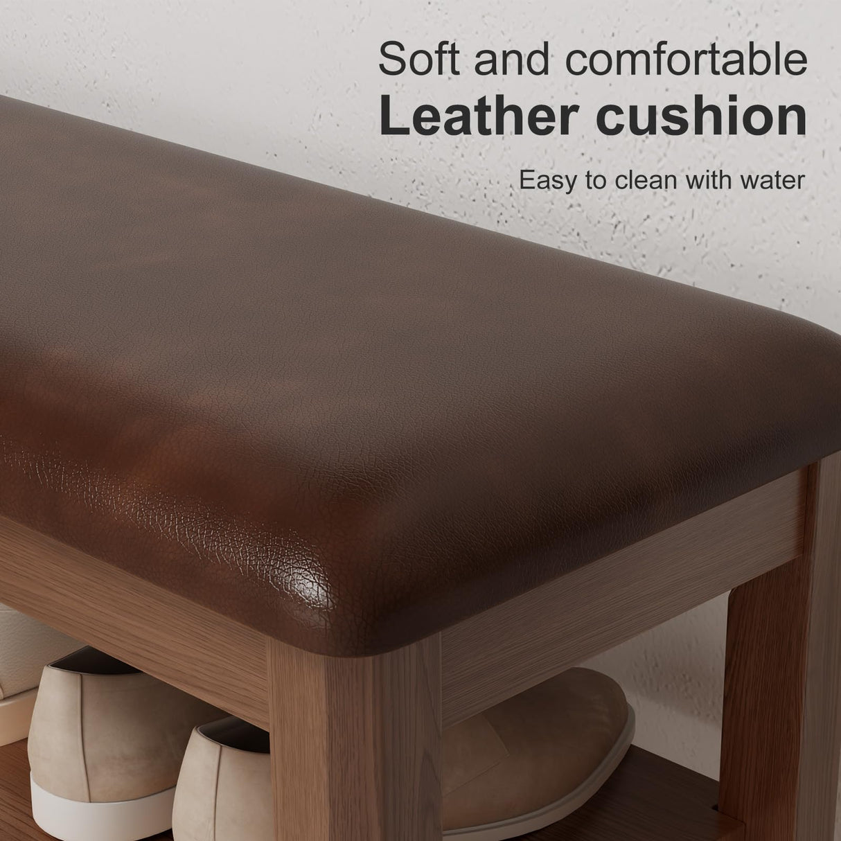 AQIMUELE Shoe Bench with Leather Cushion, 3 Tiers Shoe Storage Bench Height Adjustable, Walnut Wood Entryway Bench for Hallway, Mudroom AQIMUELE