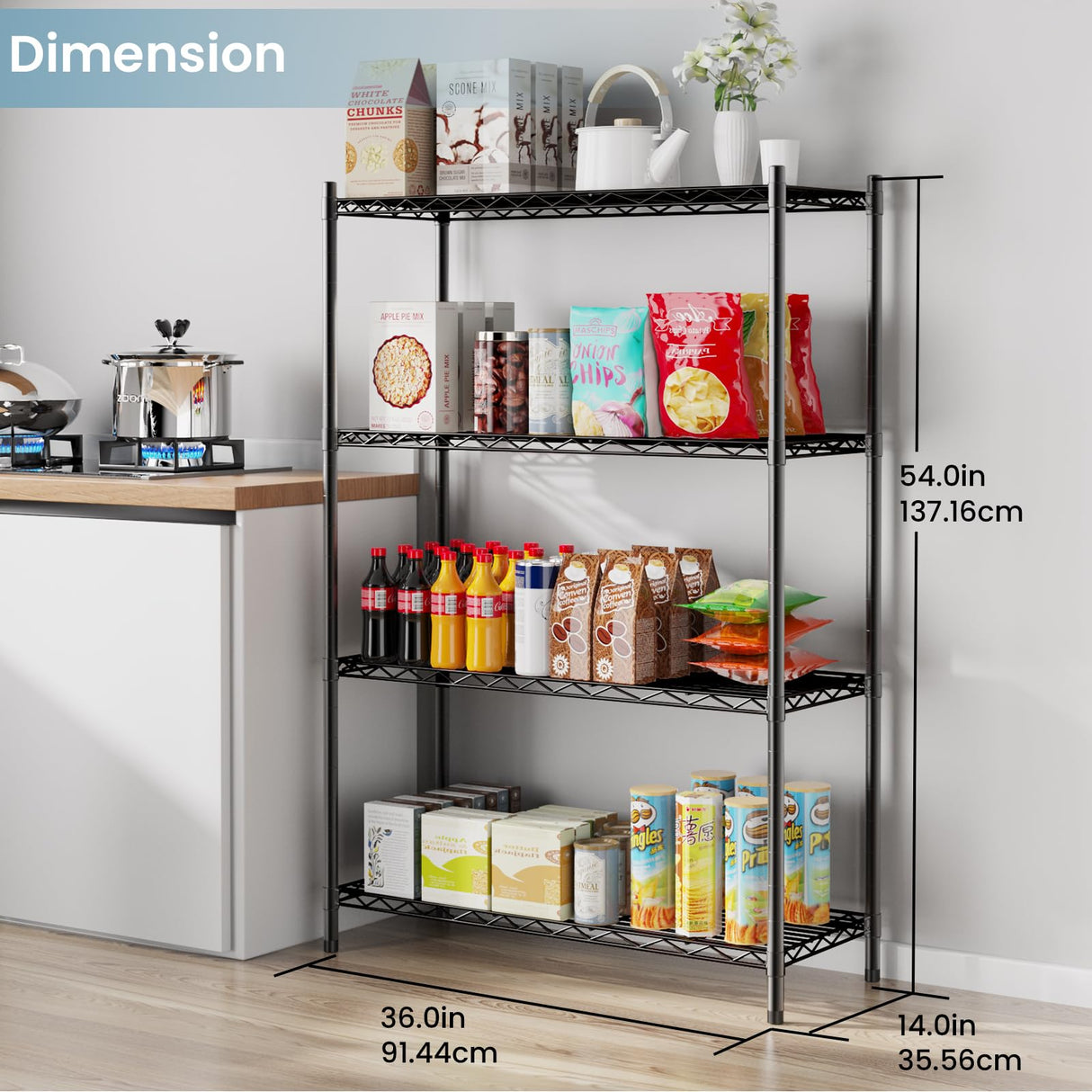Whitmor 4 Tier Shelving Unit, Metal Storage Shelves, Adjustable Heavy Duty Shelf with Wheels , 400 lbs Capacity per Shelf, 1600 lbs Total for Home, Garage, Workshop, 36"L x 14"W x 54"H, Black Whitmor